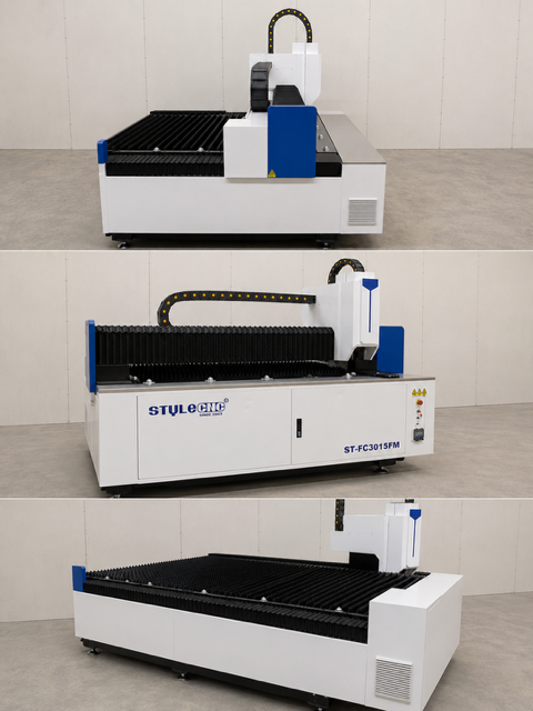 Three views of a white-and-blue CNC machine on a black base against a plain wall