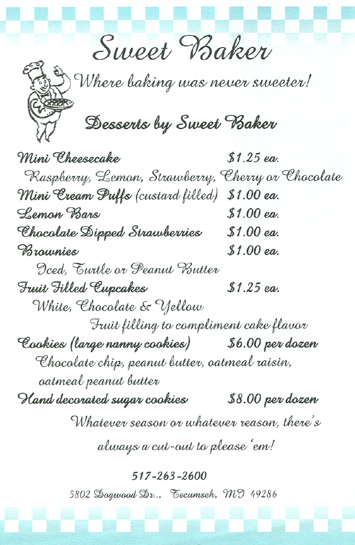 Sweet Baker Dessert Menu Tecumseh, MI