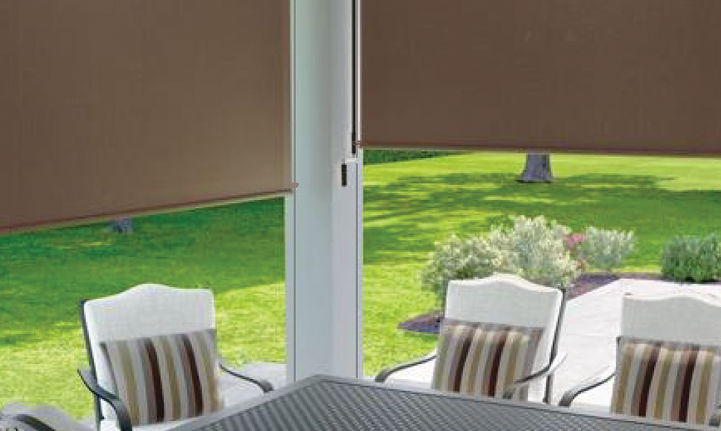 Exterior Solutions, for Balconies, Terraces, Porches, and Pergolas. Supporting upgrading the outdoor spaces with a high-quality shading solution. Options: FORCE®-Shade, Roller Shade, and More.