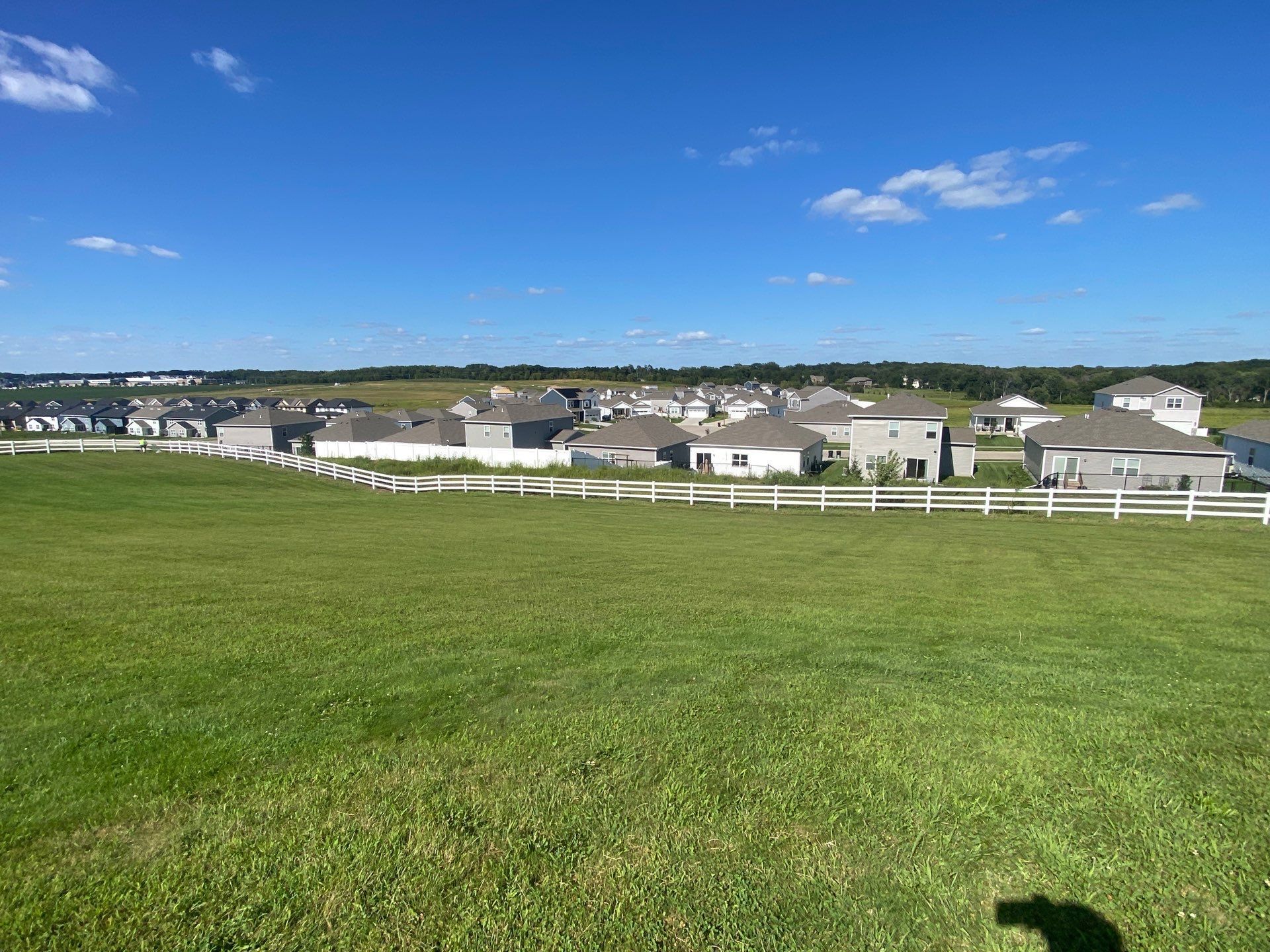 Green field with white fence and suburban houses under a bright blue sky.