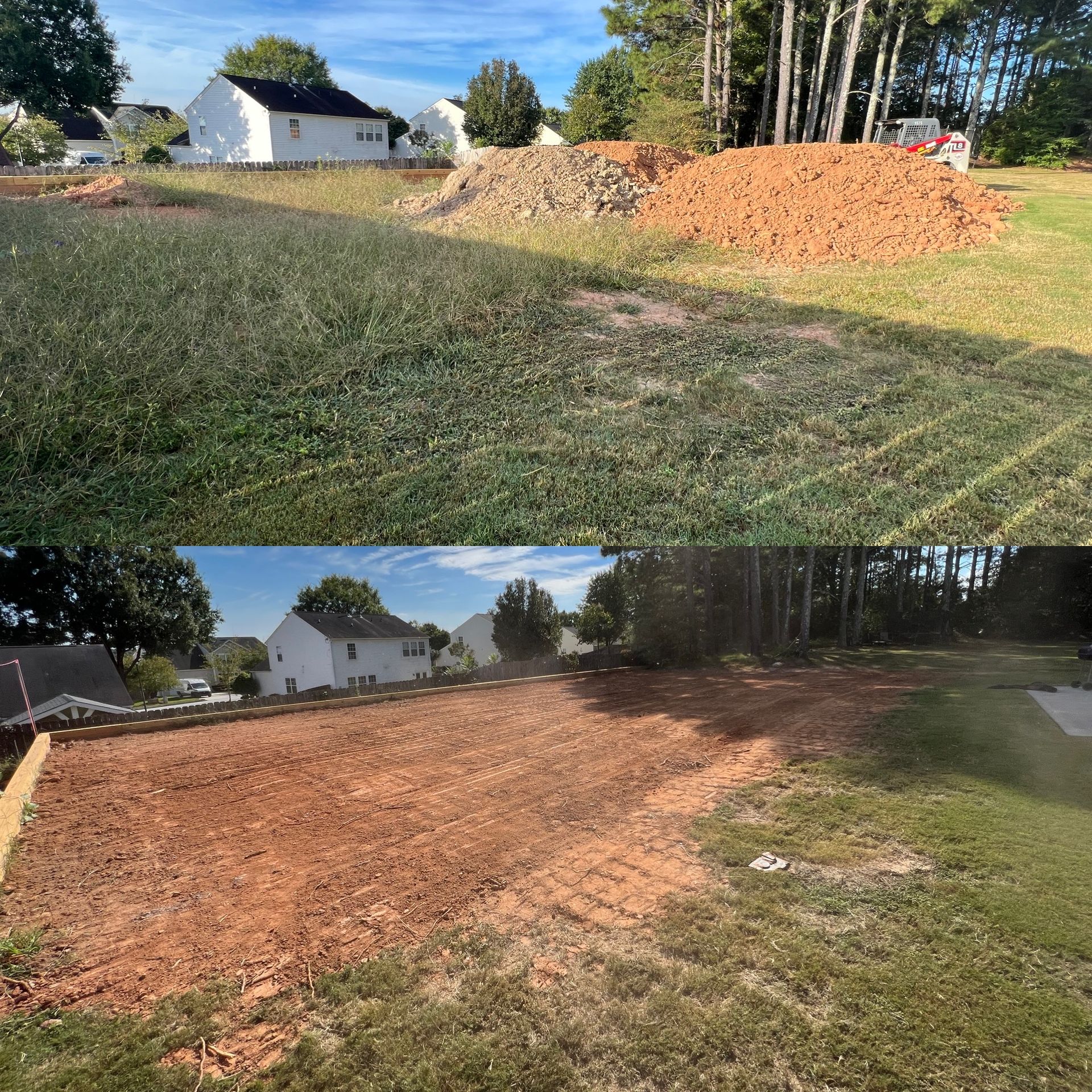 A before and after picture of a yard with a pile of dirt in the middle.