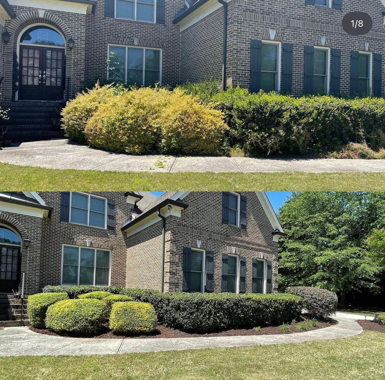A before and after picture of a brick house with bushes in front of it.