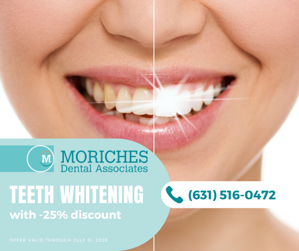 Smiling mouth with teeth whitening promo for Moriches Dental Associates, 25% discount and phone number