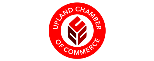 Upland Chamber of Commerce logo: red circular emblem with white text and a geometric shape in the center.