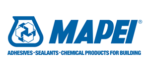 Blue and white Mapei logo with a container graphic and text: Adhesives, Sealants, Chemical Products for Building.