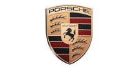 Porsche logo: Gold shield with black, red, and gold stripes. A black horse and the word 