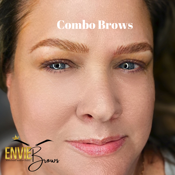 Woman with combo brows, light brown brows, pale skin, blue eyes, and pink lips.