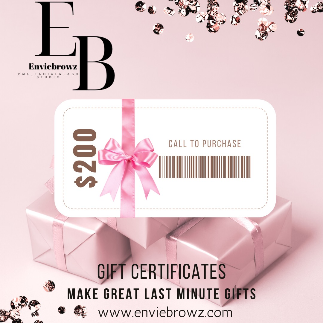 Gift certificate for Enviebrowz, with a pink ribbon on a stack of presents, with website address.