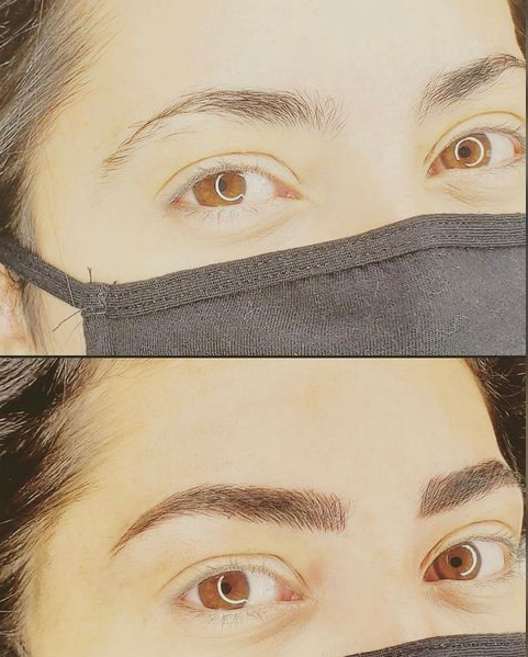 Before and after comparison of eyebrows. Top shows sparse brows; bottom shows filled-in, defined brows.