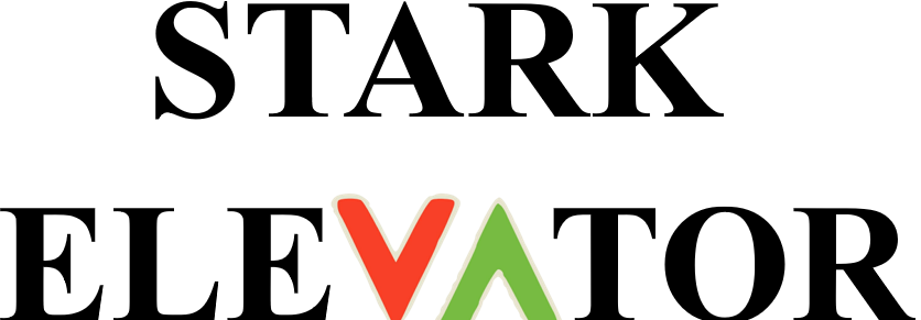 A logo for stark elevator with a red and green arrow