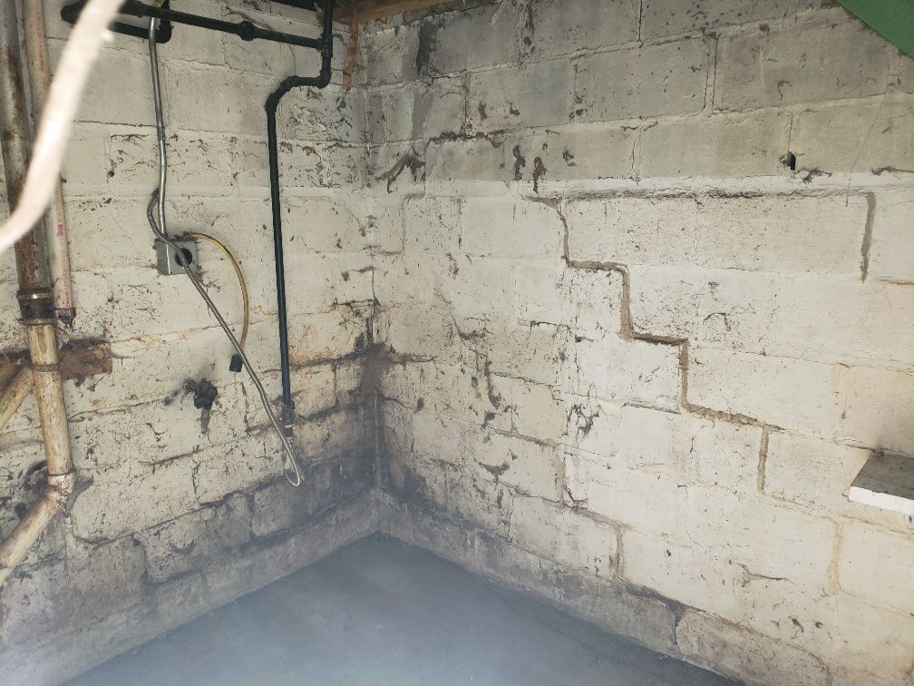 A dirty basement with brick walls and pipes.