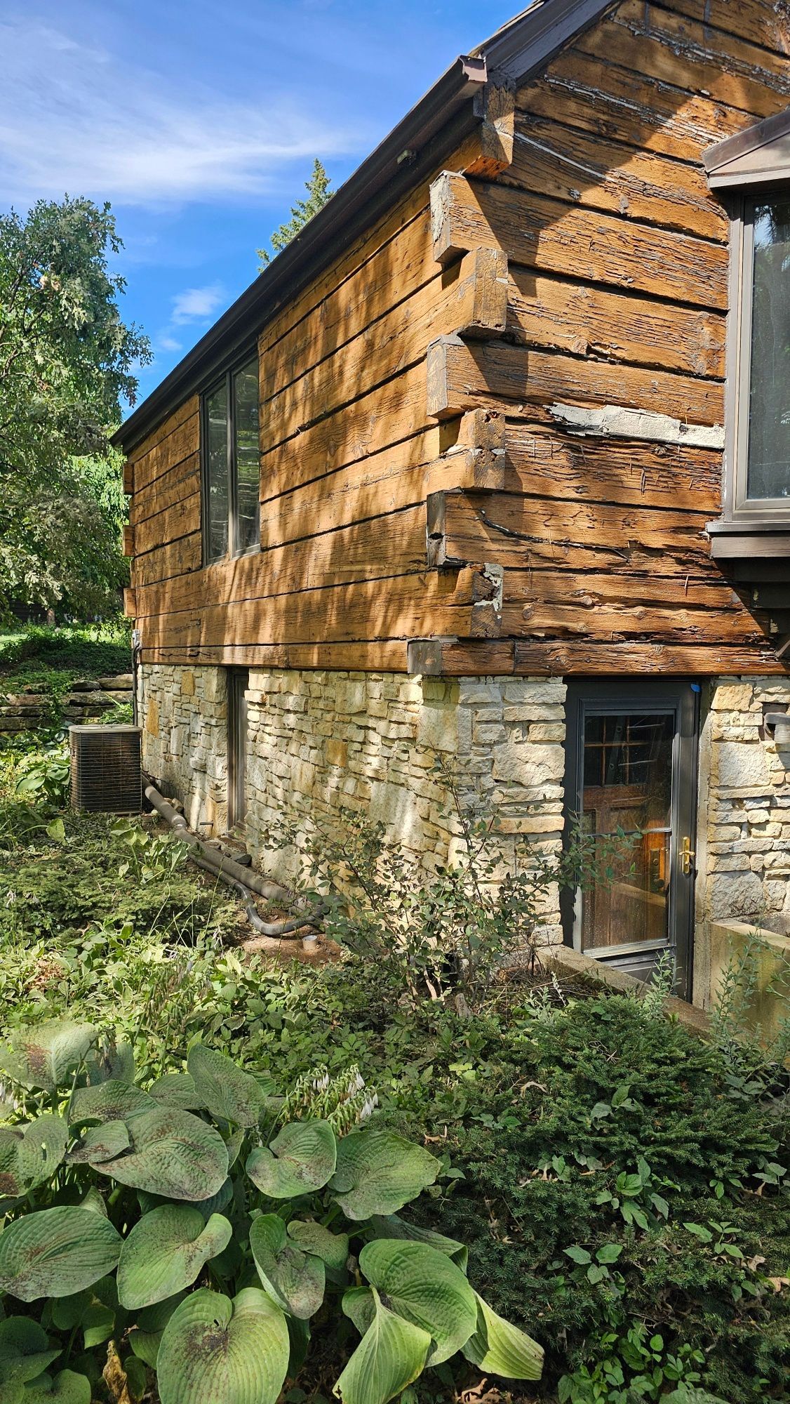 A large wooden building with a lot of windows is surrounded by plants.