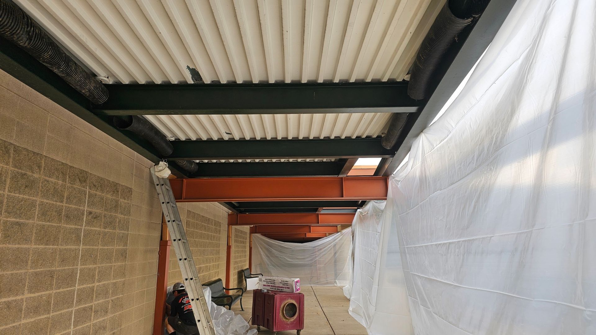 A person is standing in a hallway with a ladder.