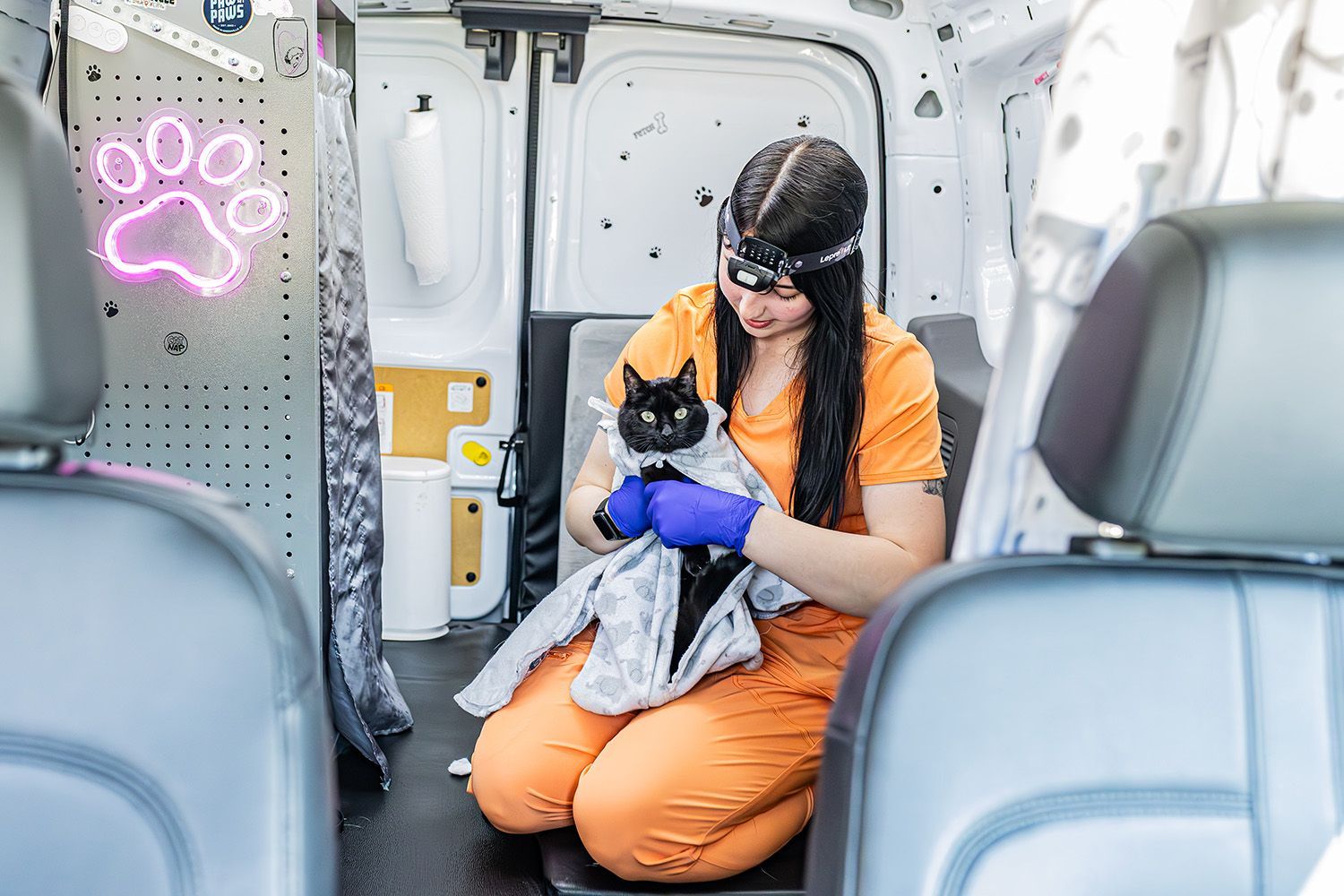 Woman in orange scrubs holds a black cat wrapped in a towel inside a van; neon paw print sign visible.