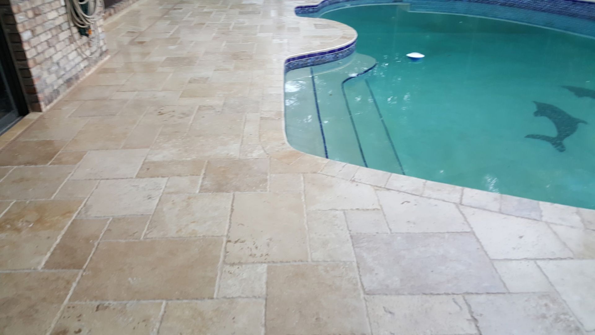 beige stone tile surrounds a swimming pool with blue water, dolphin mosaic on pool wall