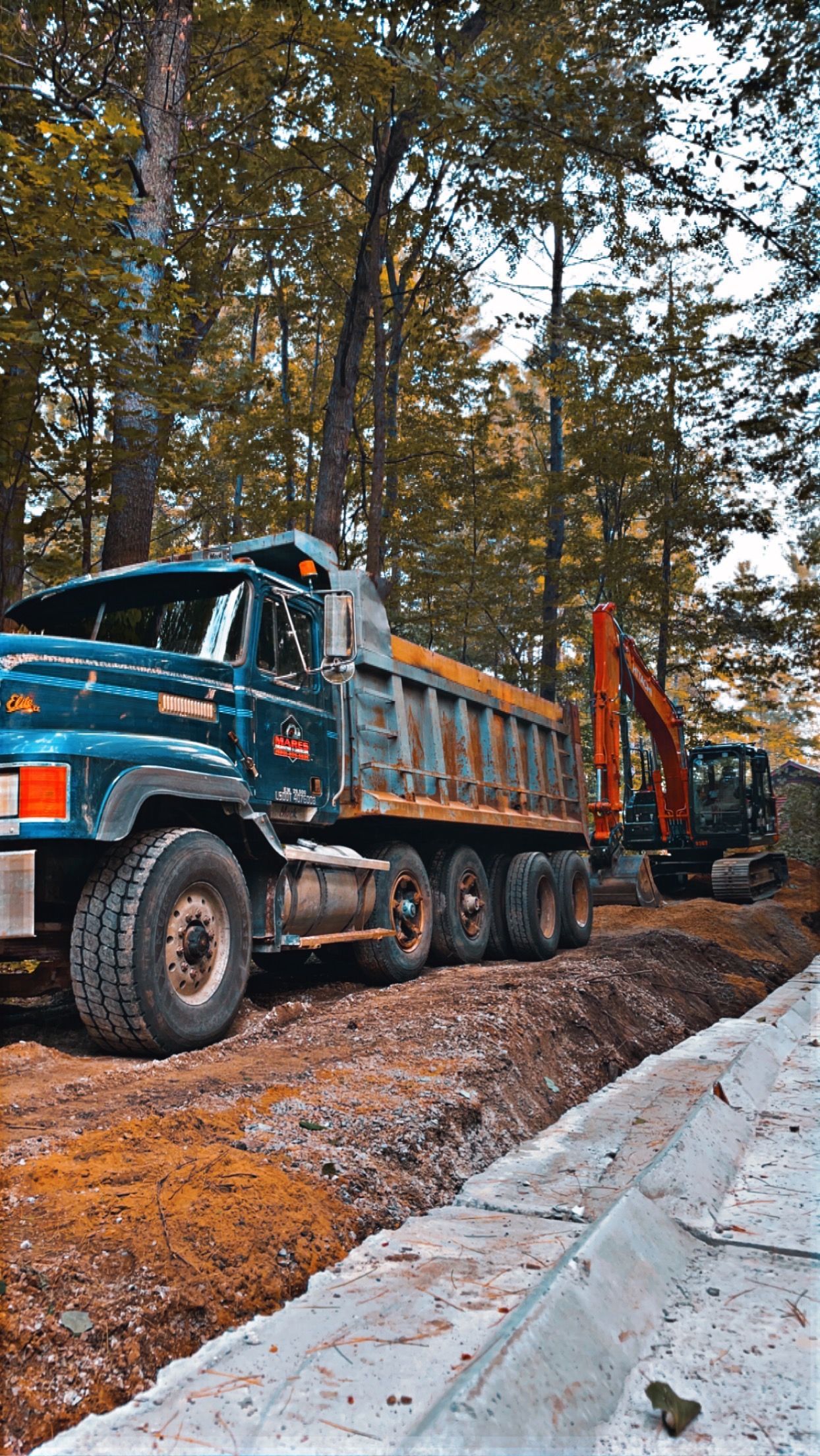 A dump truck is parked on the side of a road in the woods.
