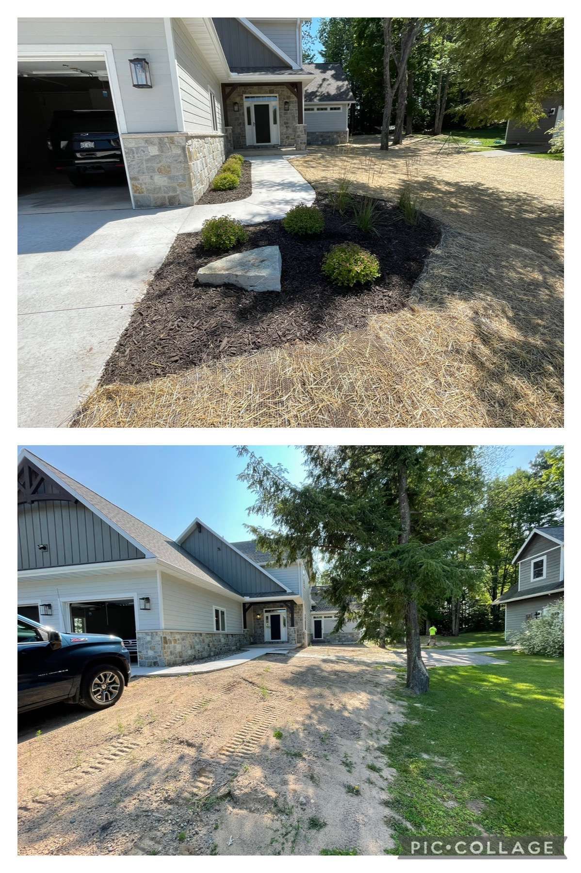 A before and after picture of a house with a truck parked in front of it.