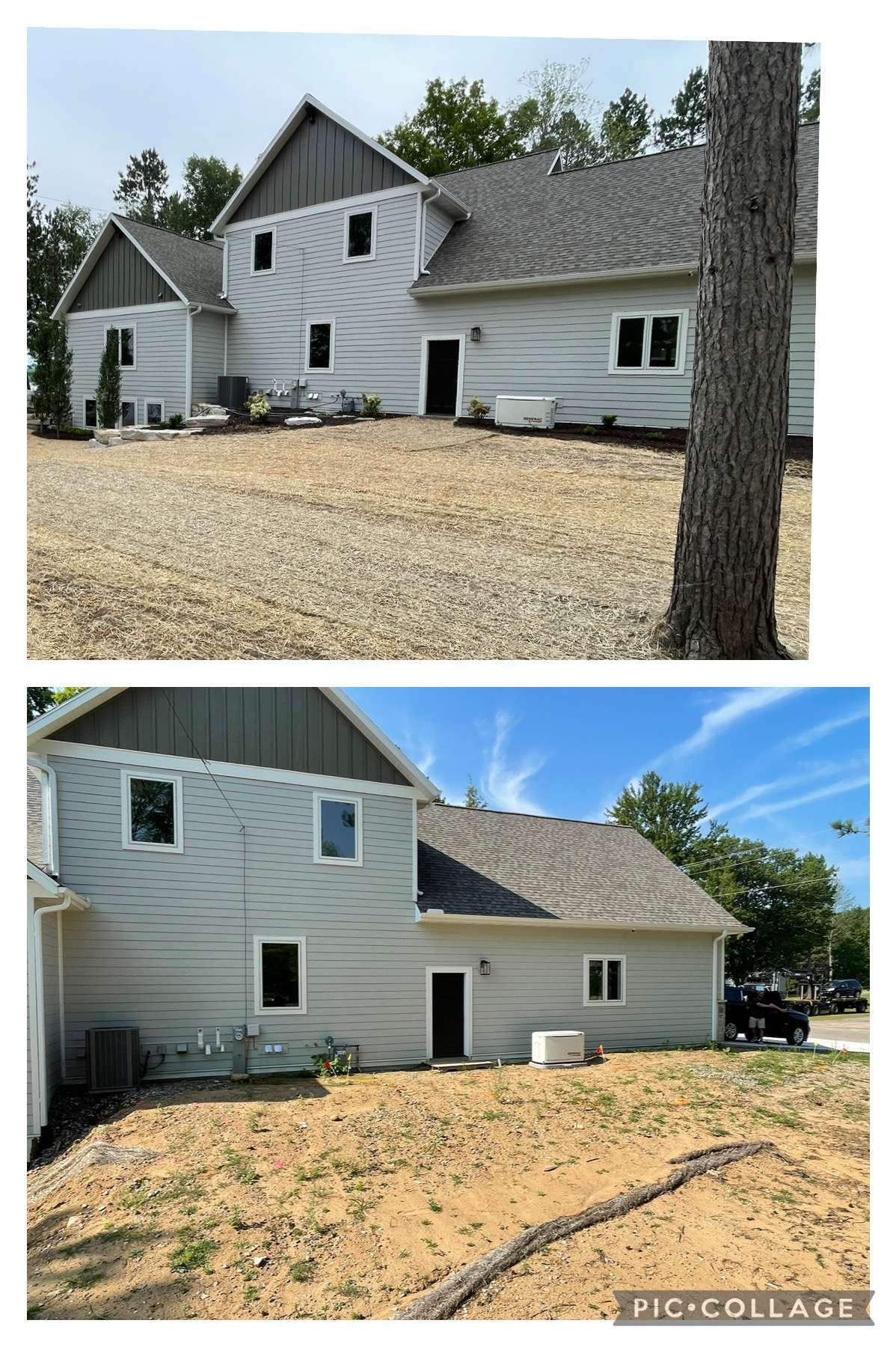 A before and after picture of a house with a tree in front of it.