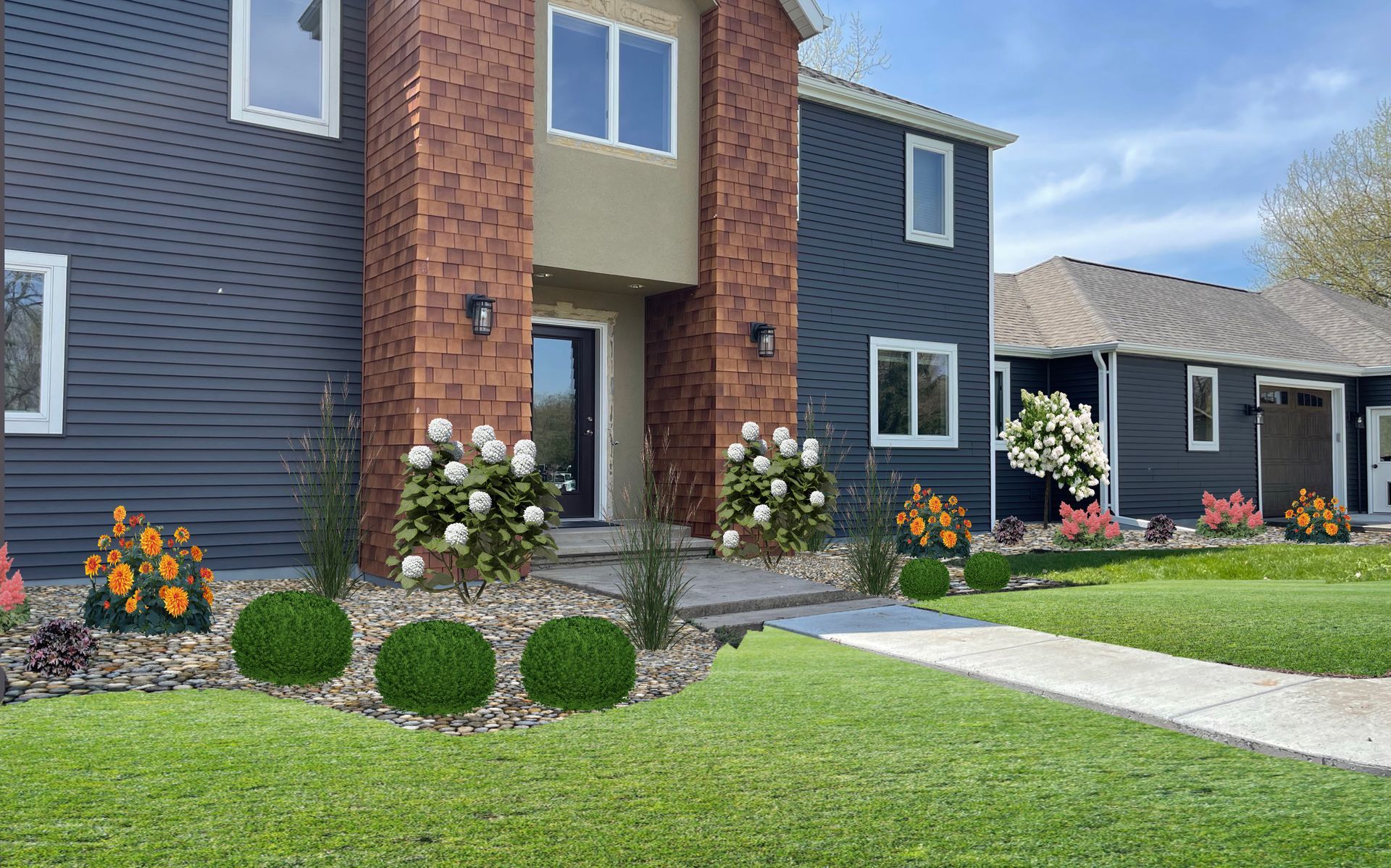 A large house with a lot of windows and flowers in front of it.