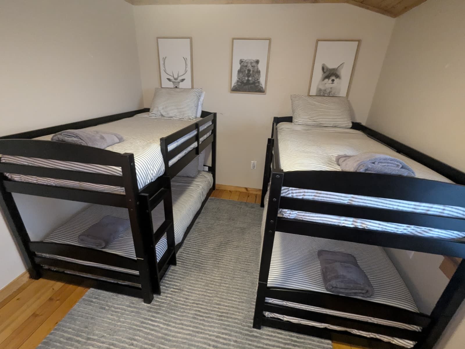 Two black bunk beds in a room with wood floors and animal art on the wall.