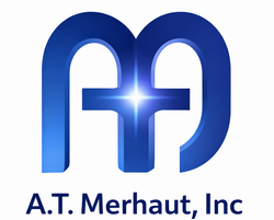 Blue logo with stylized "M" shape, a cross, and the text "A.T. Merhaut, Inc."