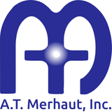 Blue logo with stylized "M" shape, a cross, and the text "A.T. Merhaut, Inc."