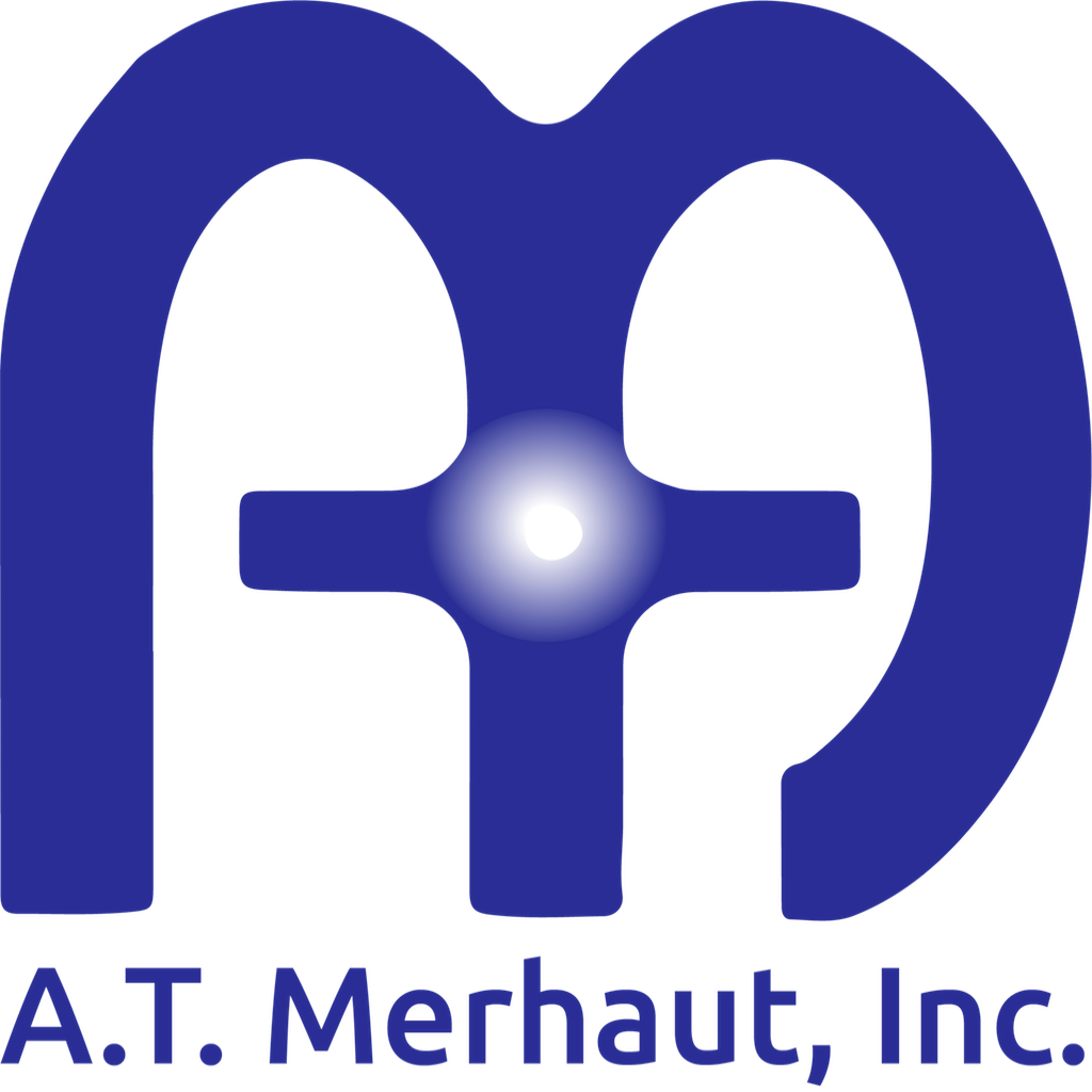 Blue logo with stylized "M" shape, a cross, and the text "A.T. Merhaut, Inc."