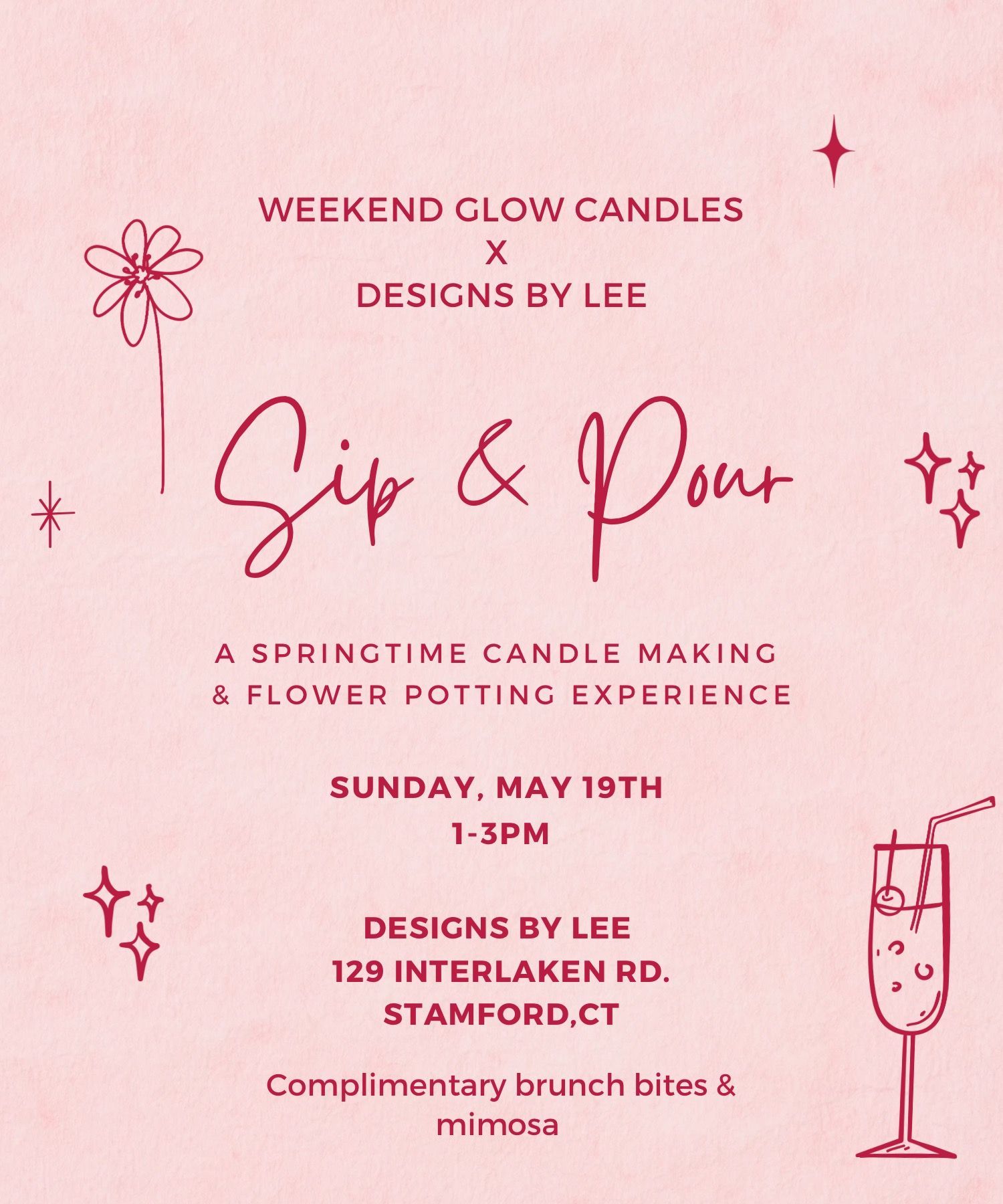A pink flyer for a weekend glow candle making and flower potting experience