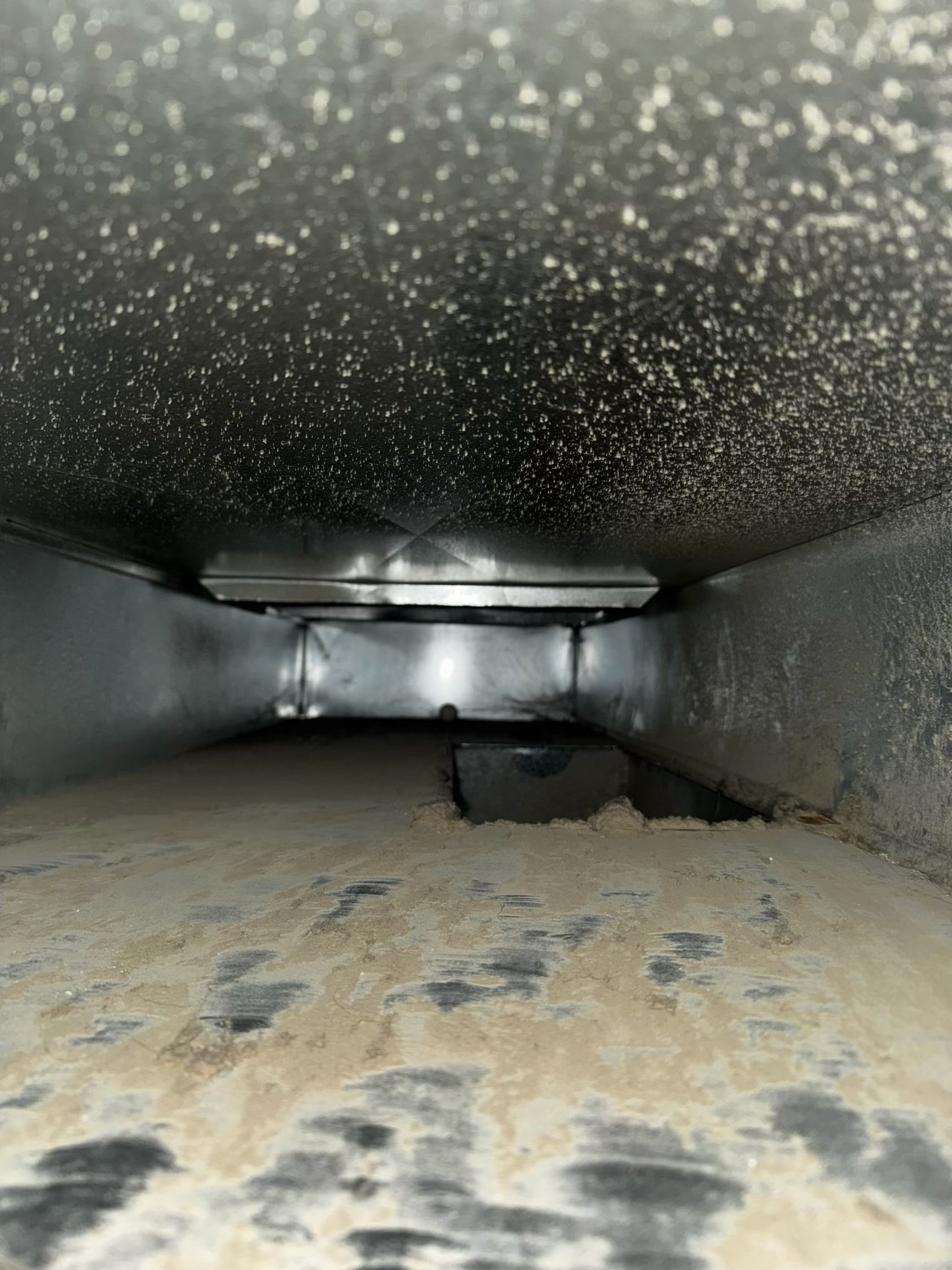Inside view of a dusty, rectangular air duct; grey and white debris covers the surfaces.