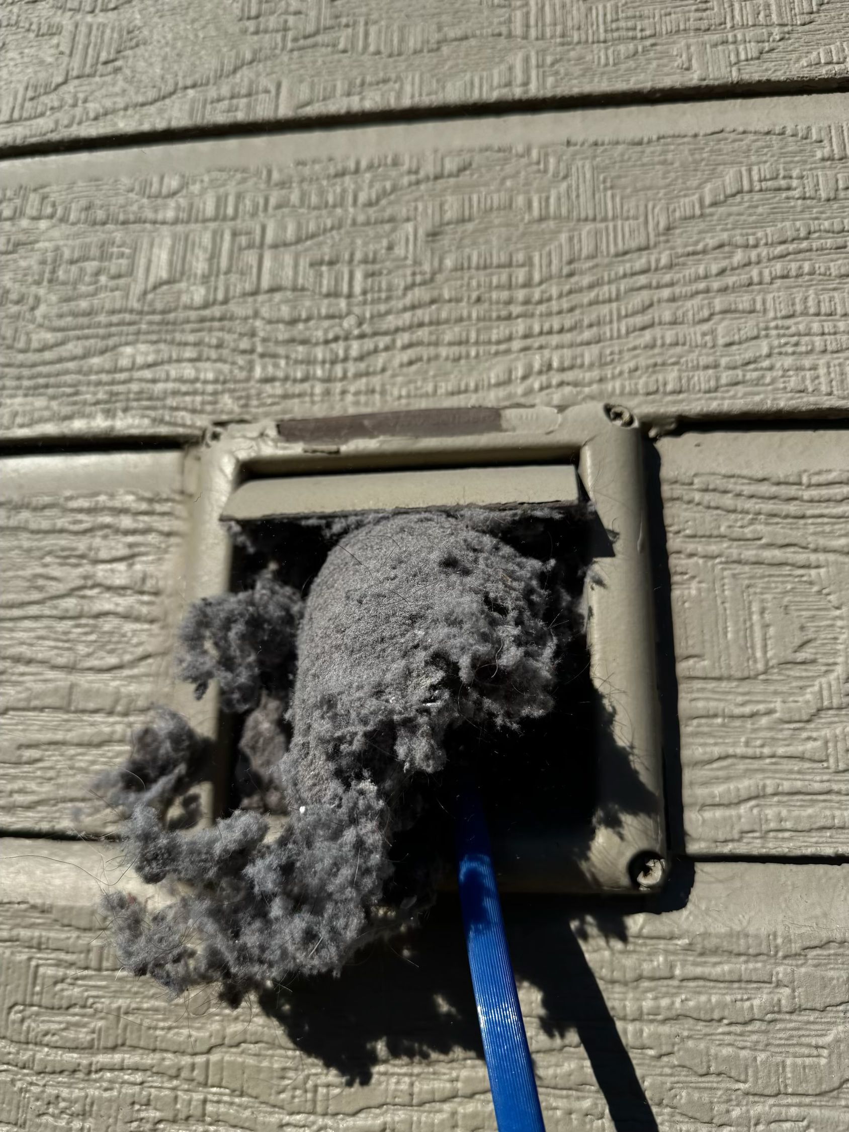 Exterior dryer vent clogged with gray lint, a blue hose inserted.