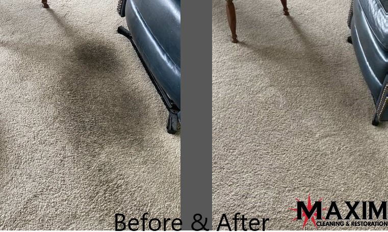 Split image: Before & after carpet cleaning. Left shows dirty carpet, right shows clean carpet. Black chair legs visible.