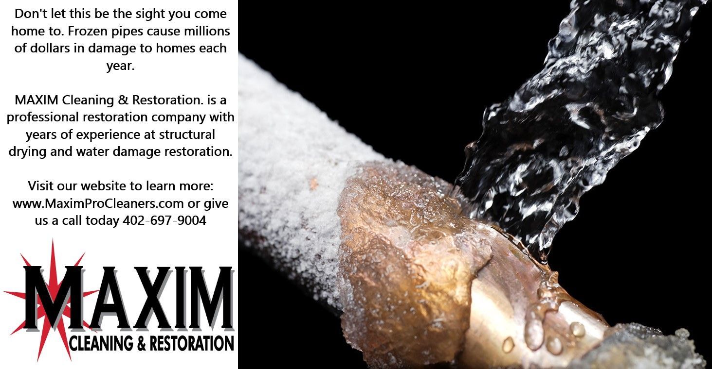 Water gushing from a frozen and burst copper pipe; Maxim Cleaning and Restoration advertisement.