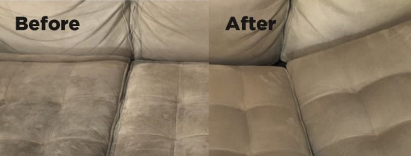Before and after shot of a tan couch cushion, cleaning results. The left side is dirty, the right side is clean.
