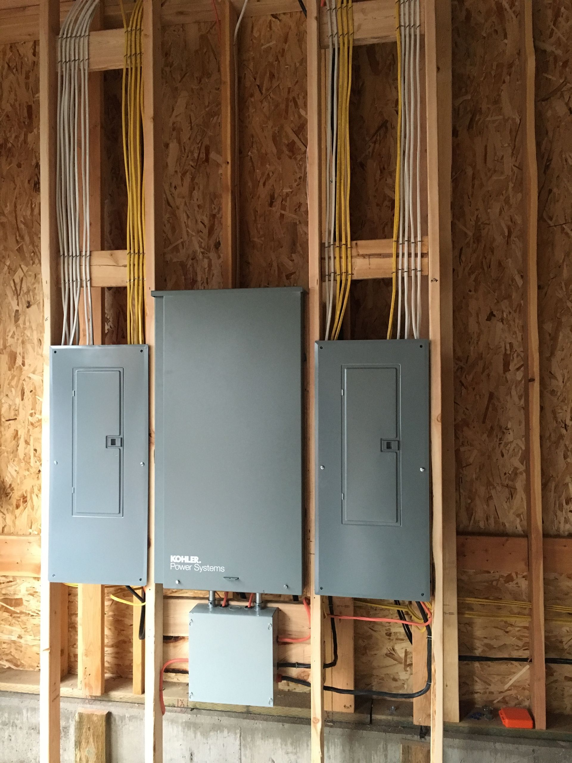 Three electrical panels are mounted to a wooden wall