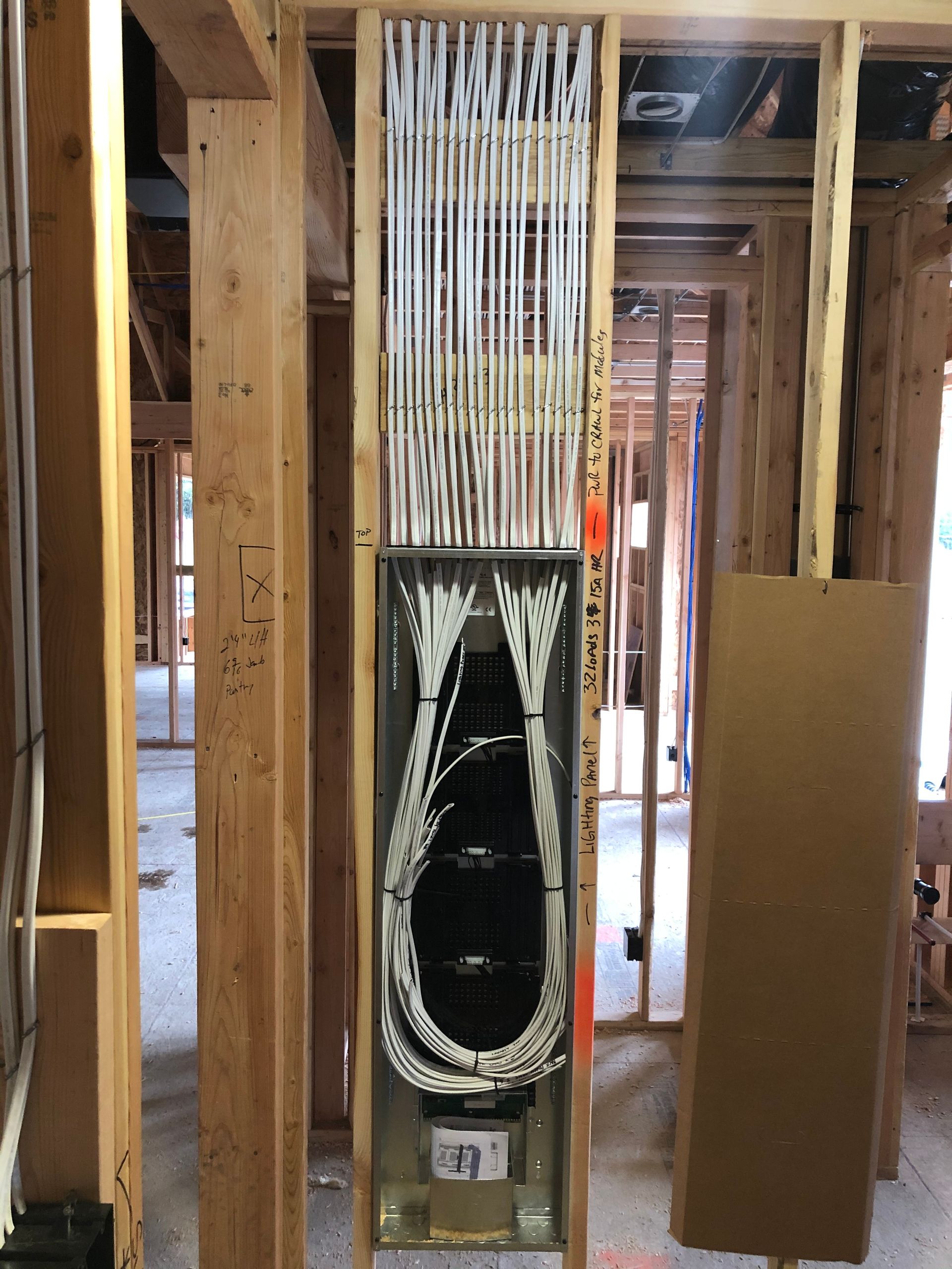 A electrical box is being installed in a house under construction.