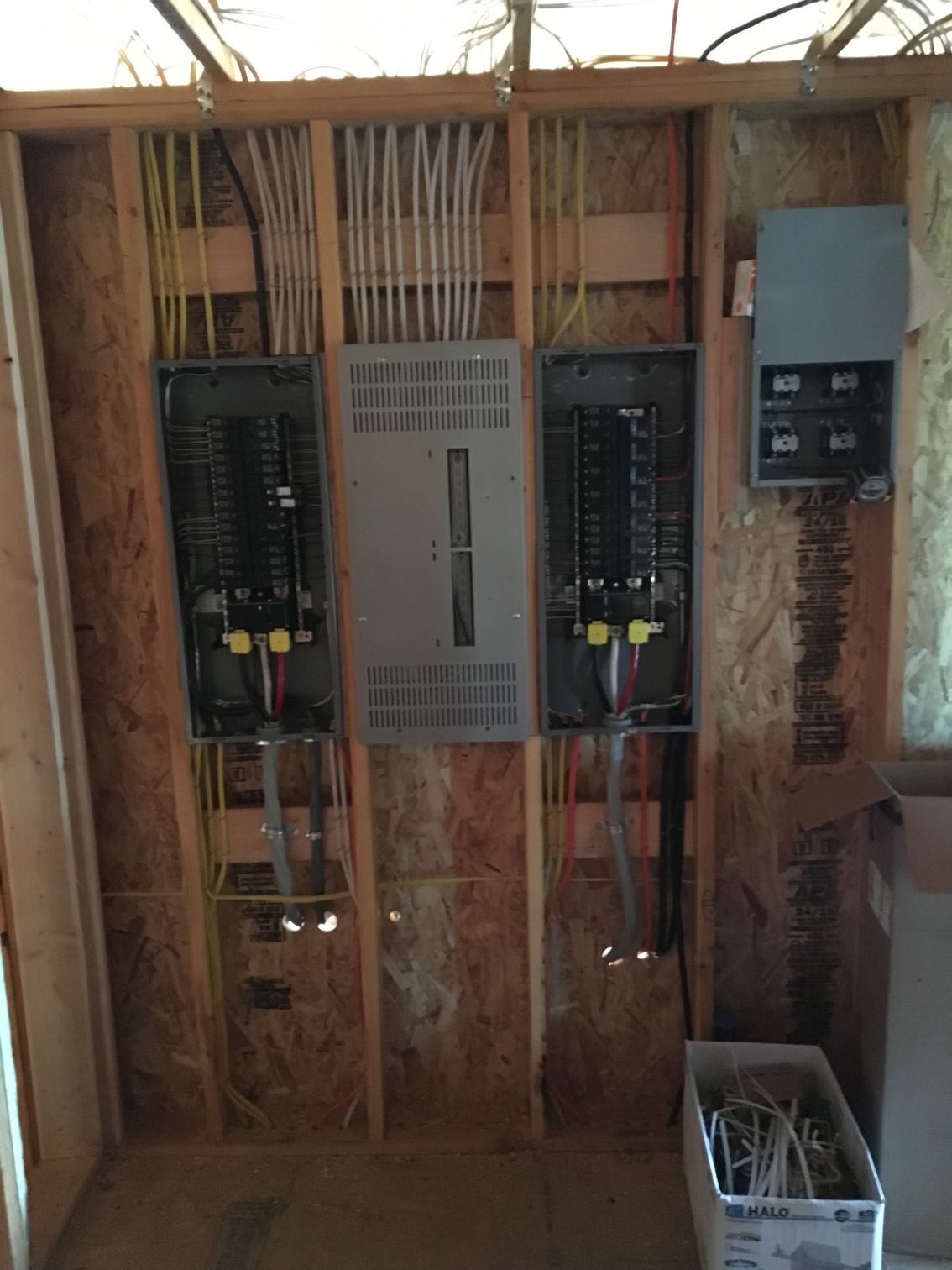 A room with a bunch of electrical panels on the wall.