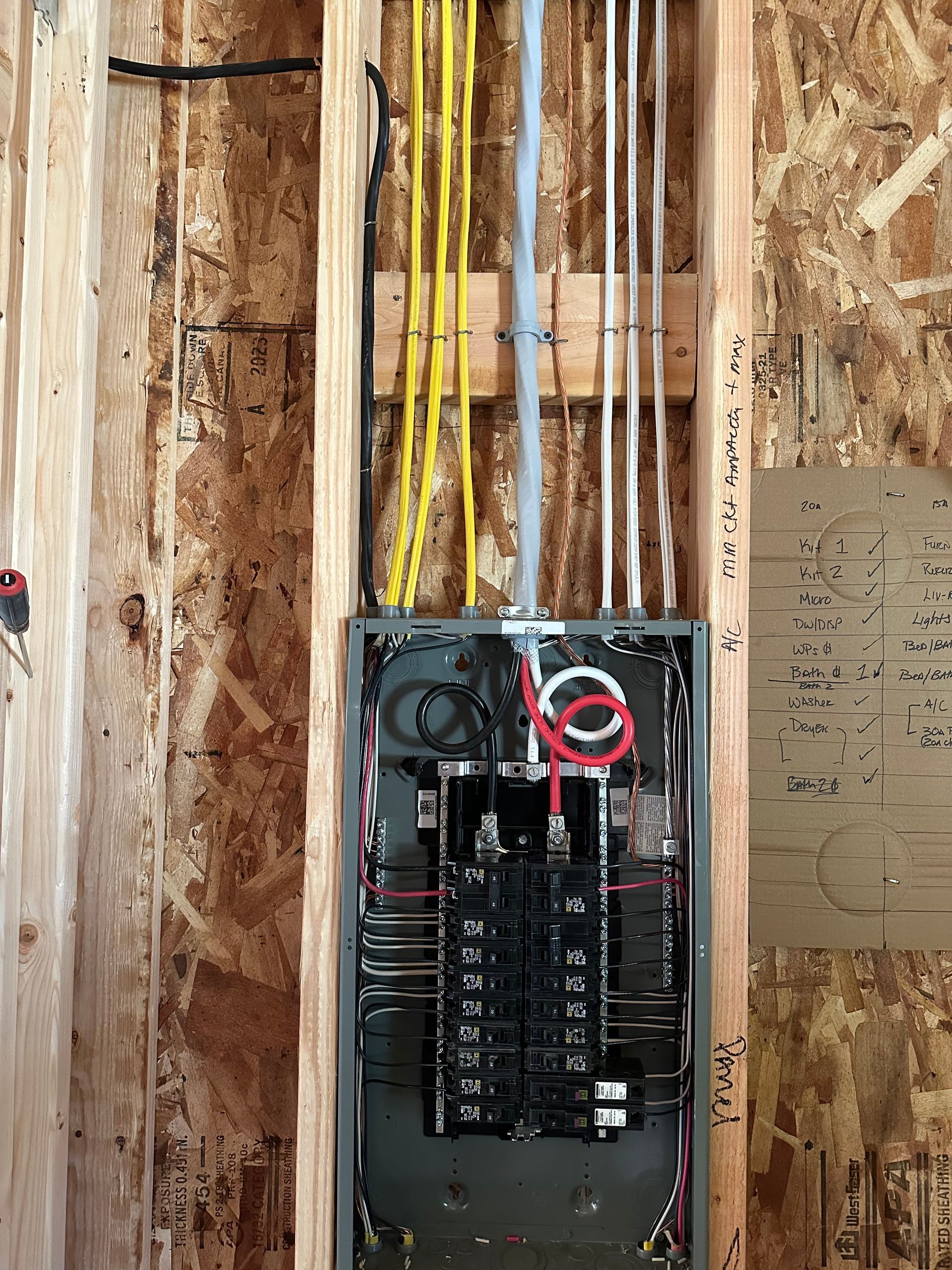 An electrical panel is being installed in a wooden frame