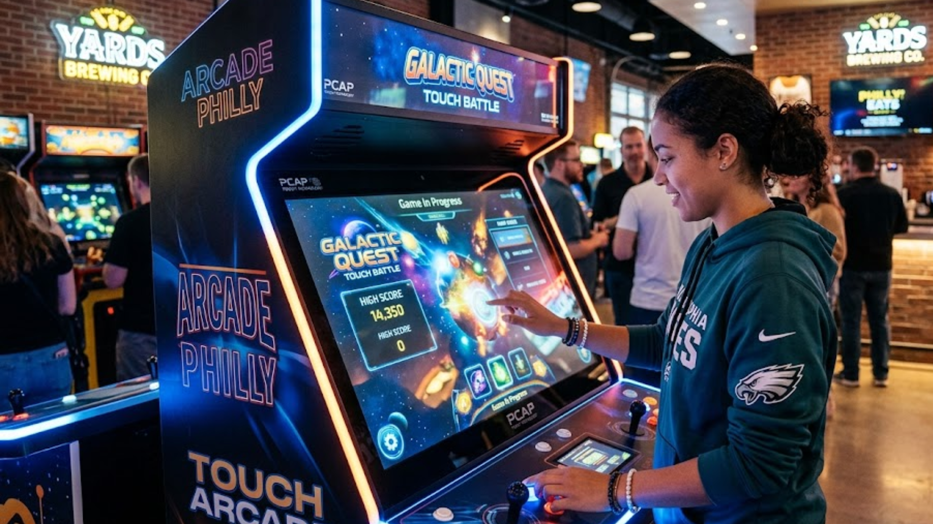 Teen playing a neon-lit arcade racing game in a busy gaming arcade.