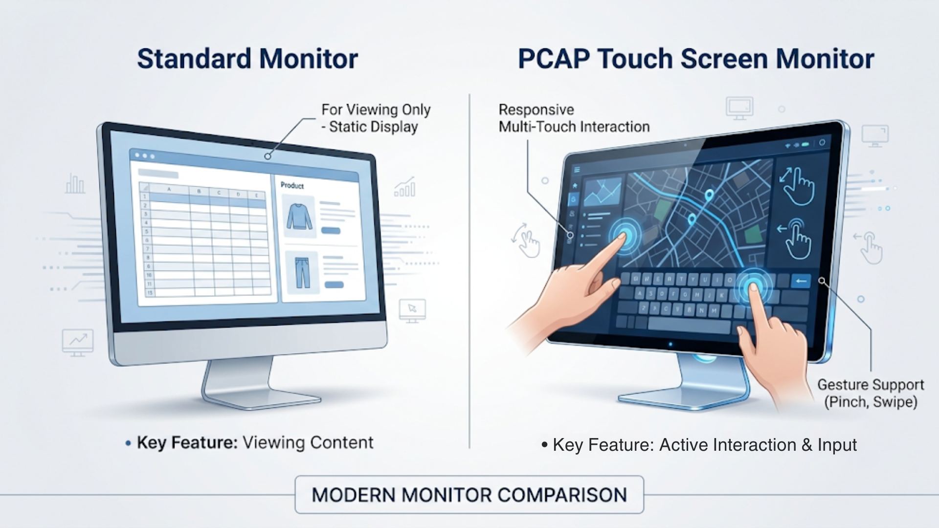 Side-by-side comparison of standard monitor and PCAP touch screen monitor, with hands using the touchscreen.