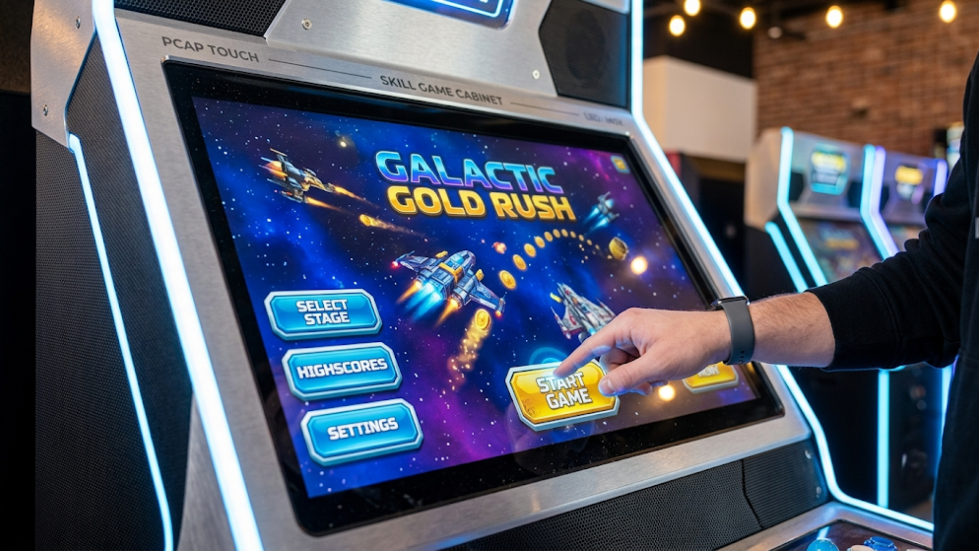 Person taps casino game touchscreen labeled “Galactic Gold Rush” on a glowing arcade machine.