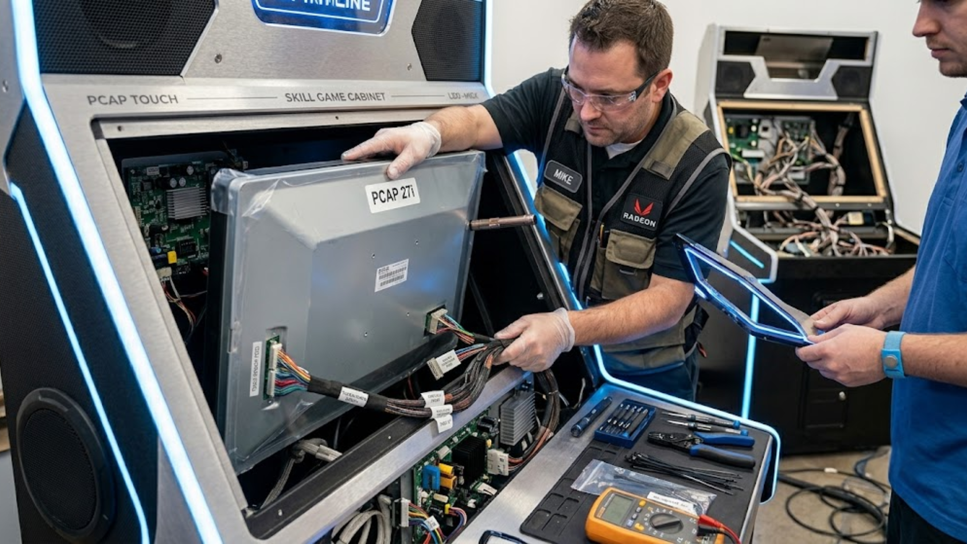Technicians working inside a computer server cabinet, removing a large silver monitor in an electronics lab