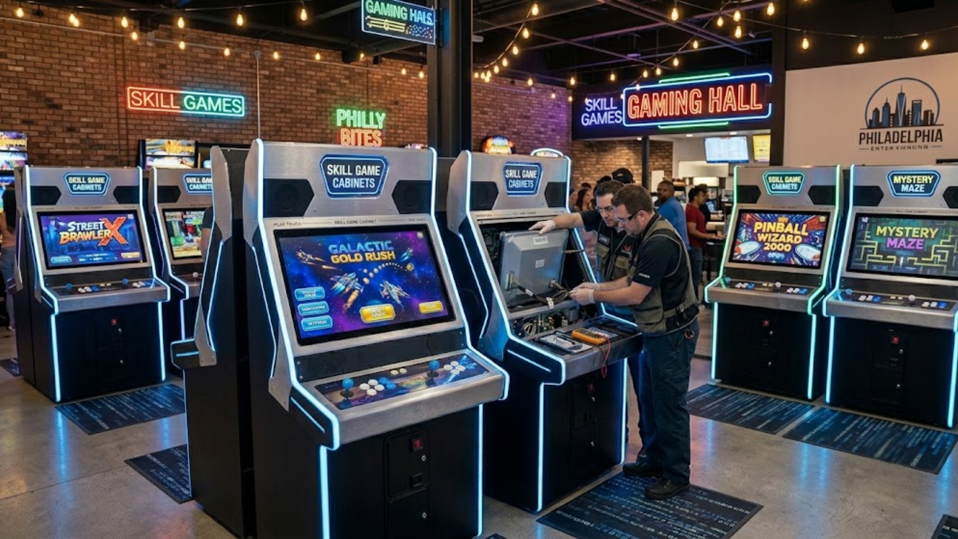 Arcade game room with glowing cabinets and a person playing a large central racing game