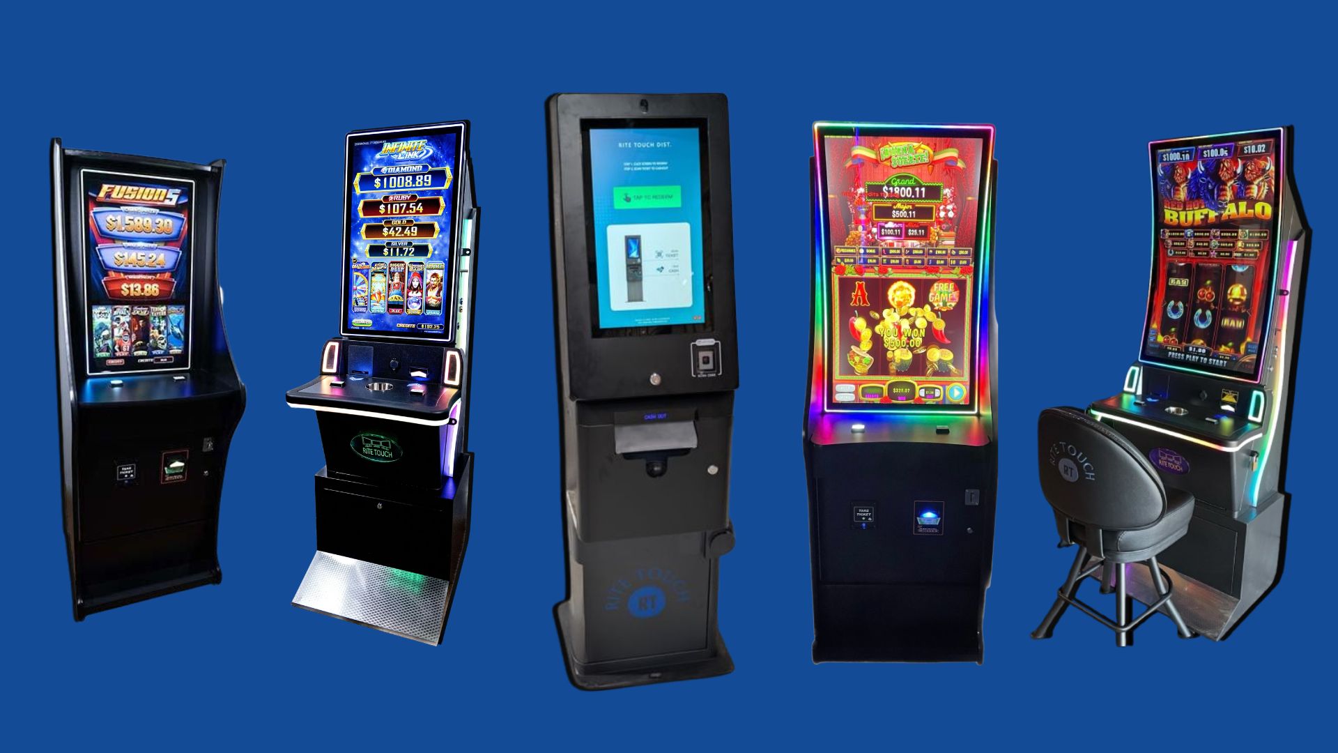 Five different slot machine cabinets displayed side by side against a blue background.