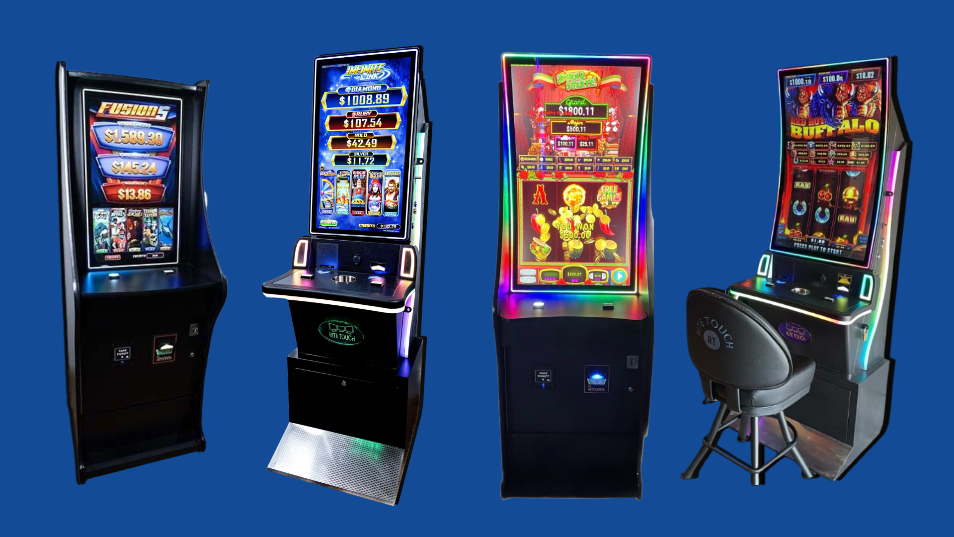 Four casino-style slot machines with colorful screens, one beside a chair on a tiled floor