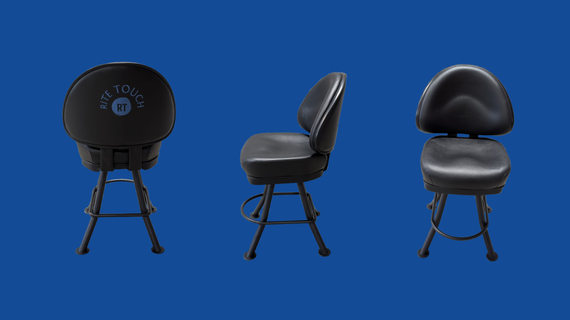 Three views of a black, rounded chair or stool on a blue background