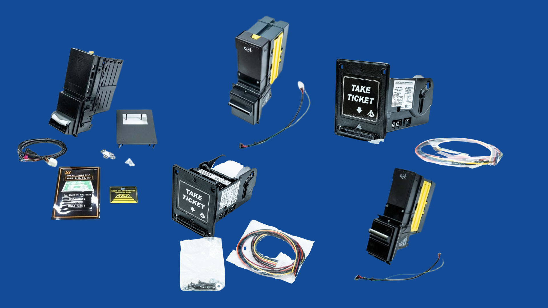 Blue-background collage of assorted electronic devices, cables, and connectors, including industrial modules and drive units