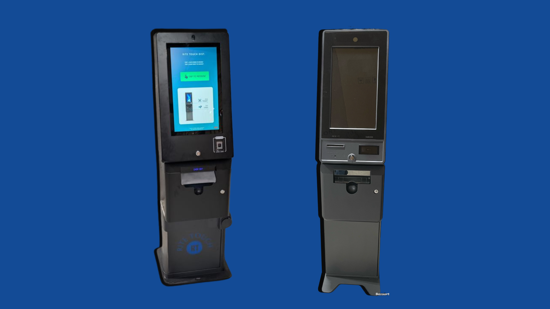 Two black self-service kiosks on a blue background, one front-facing with a lit touchscreen.