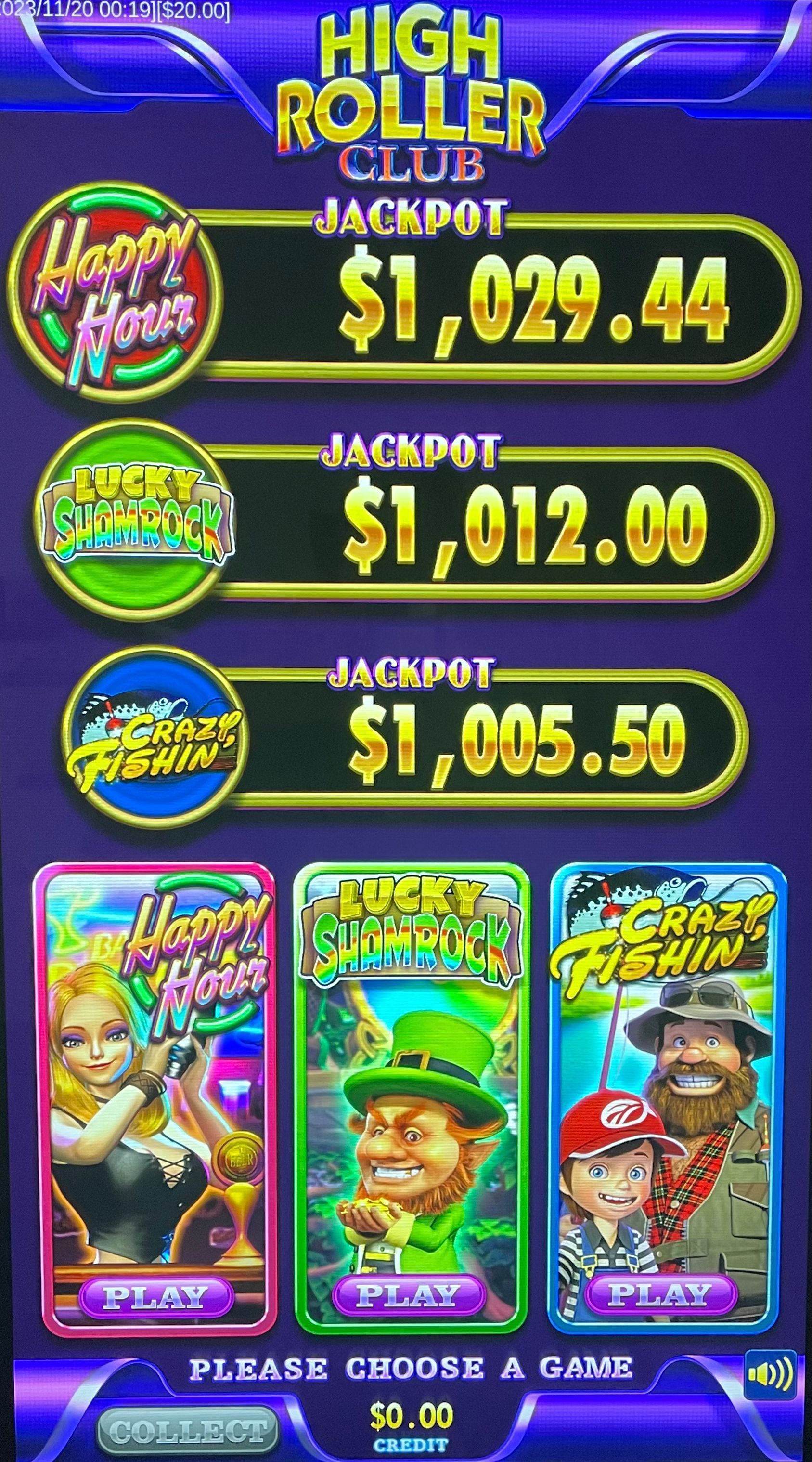 High Roller Club casino jackpot display with three jackpots and colorful slot game panels below