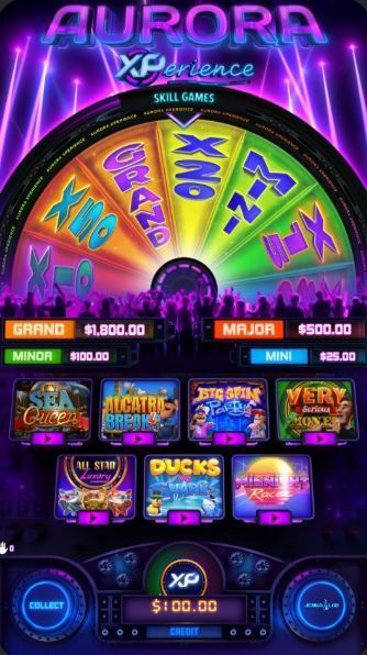 Neon-purple Aurora Xtreme slot game screen with glowing wheel, bonus panels, and colorful prize icons