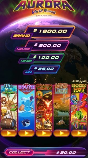 Aurora slot game screen with jackpot values, colorful reels, and a pink “Collect” button at the bottom